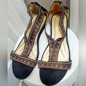 CLOUDWALKERS Beaded Black Rhinestone Zip Up Wedge Sandals Size 8W 🌴